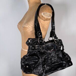 Y2K Glossy Black Cheetah Print Lining Shoulder Bag
